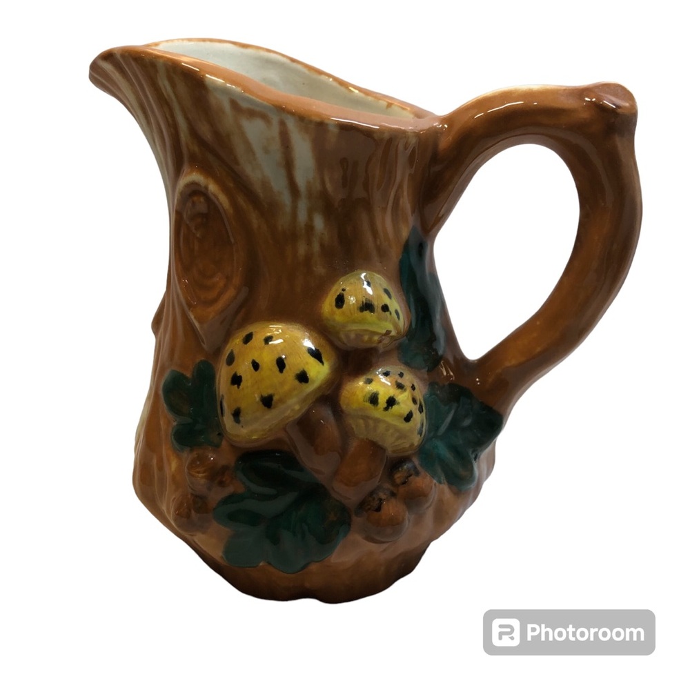 Vintage Pottery Tree Stump Bark Mushrooms Pitcher hand made signed